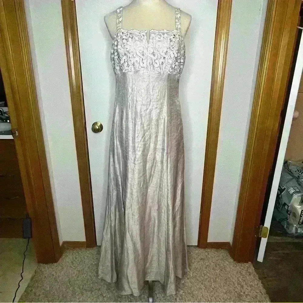 Marina Maxi Gown Dress Women 10 Dusty Rose Pink Lined V Neck Crocheted Top Strap - Picture 1 of 13